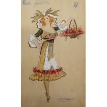 Una Fiorista. Bozzetto originale disegnato a colori per costume teatrale. S.d. (Milano